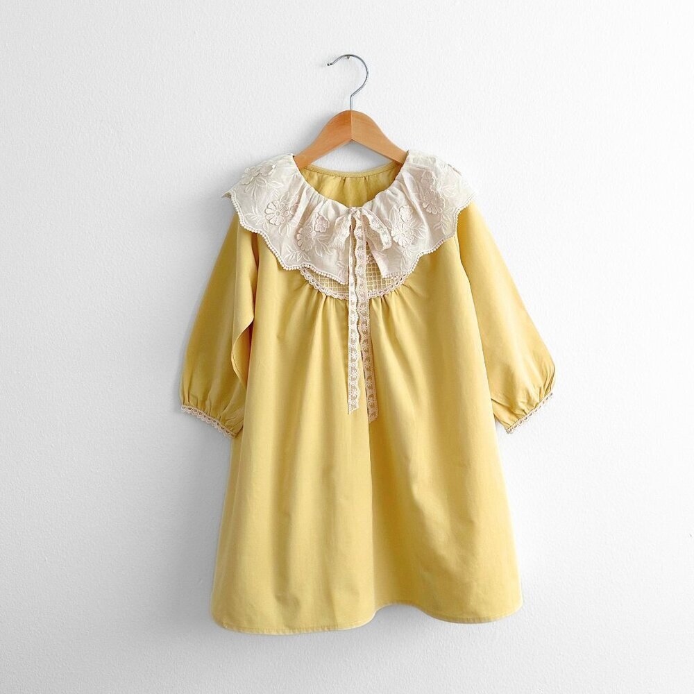 NWT Pretty Girls Eyelet Embroidered Lace Bib Collar Long Sleeve Dress Yellow 3T - Picture 1 of 3